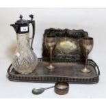 Silver plate mounted and cut glass claret jug, serving dish, two handled tray, and other plated