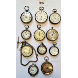 Eight various silver cased fob watches, together with three other fob watches