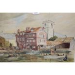 F. Tate, watercolour, Wareham harbour, Dorset, with figures and boats, signed and dated '62,