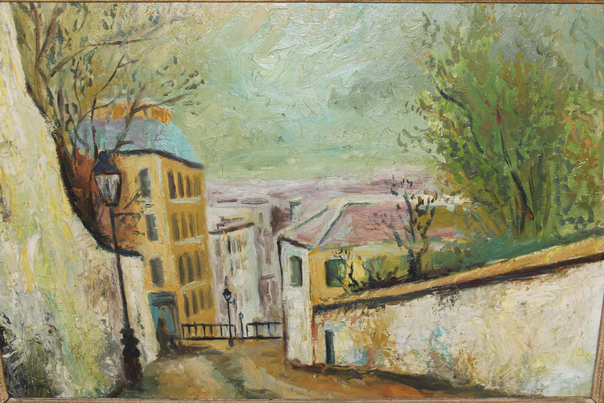20th Century oil on board, French street scene with figure, unsigned, framed, 49cms x 74cms