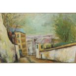 20th Century oil on board, French street scene with figure, unsigned, framed, 49cms x 74cms