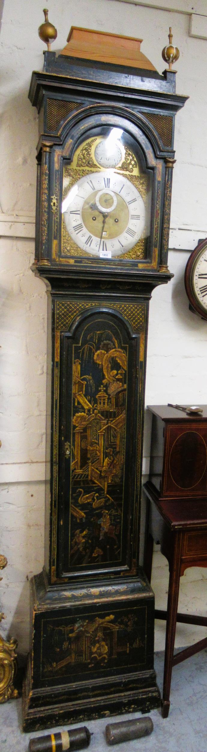 John Hewkley, 18th Century chinoiserie longcase clock, the pagoda top hood enclosing a brass dial