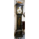 John Hewkley, 18th Century chinoiserie longcase clock, the pagoda top hood enclosing a brass dial