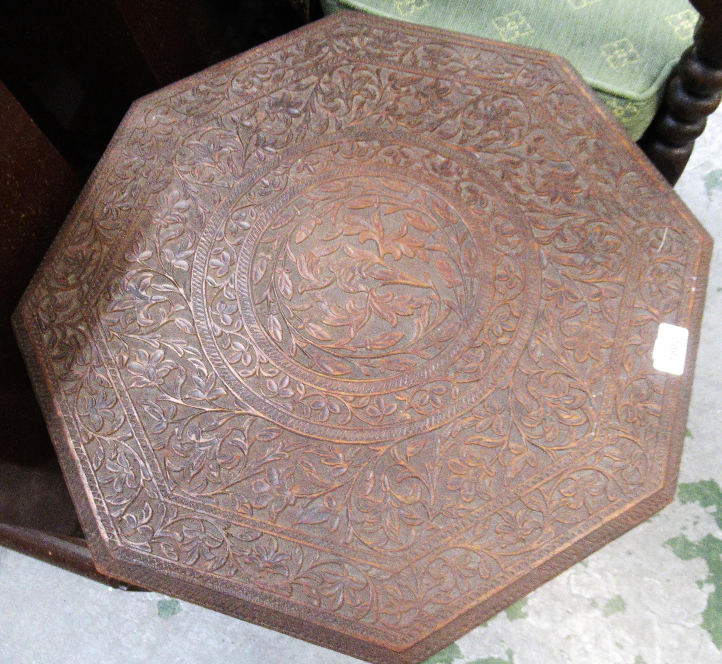 Indian octagonal carved hardwood occasional table, on a folding support Top is in good condition but - Image 2 of 5