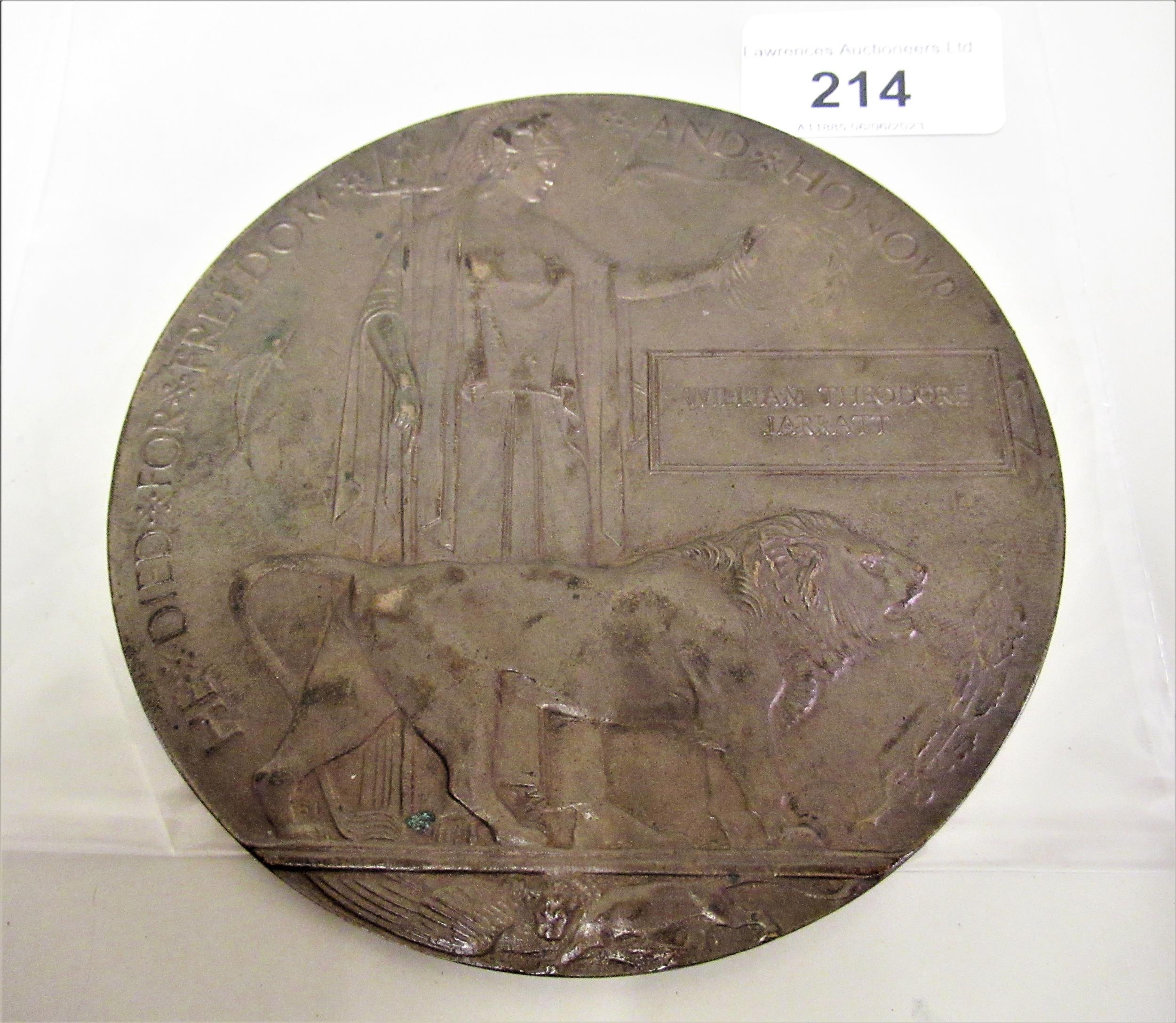 World War I bronze death penny, awarded to William Theodore Garratt, London Regiment 553652