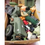 Box containing a collection of Action Man figures, two Jeeps, a canoe etc. (at fault)