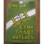 Enamel advertising sign for ' Omega Syma and Tissot Watches ', 51cms x 36cms