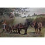 W.E. Mills, oil on board, figures loading a horsedrawn hay cart in a landscape, signed with