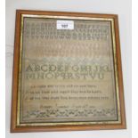 Small early 19th Century alphabet sampler, dated 1806, 22cms x 20cms Various damages, please see