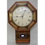 19th Century mahogany and rosewood octagonal drop dial wall clock, the painted convex dial with