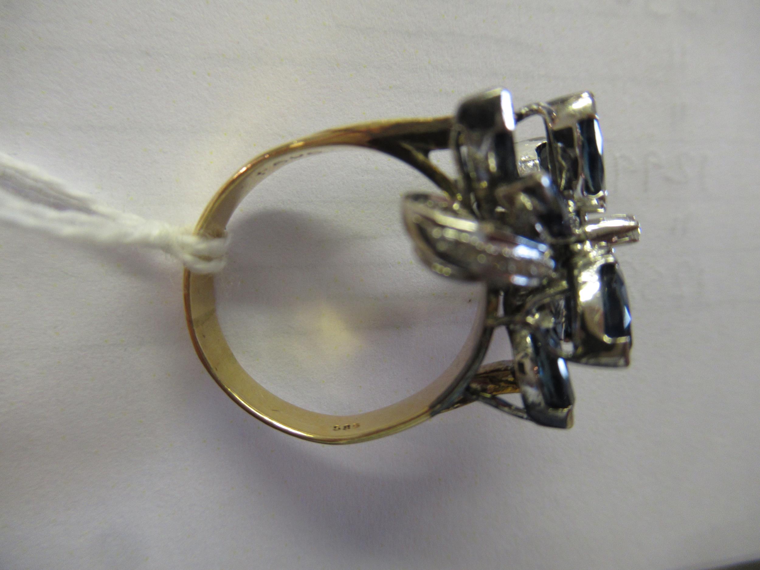 Mid to late 20th Century 14ct gold sapphire and diamond ring of contemporary floral design, 7.5g - Image 5 of 6