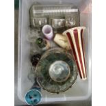 Box containing a small quantity of various glassware, including a Bohemian red flash and white