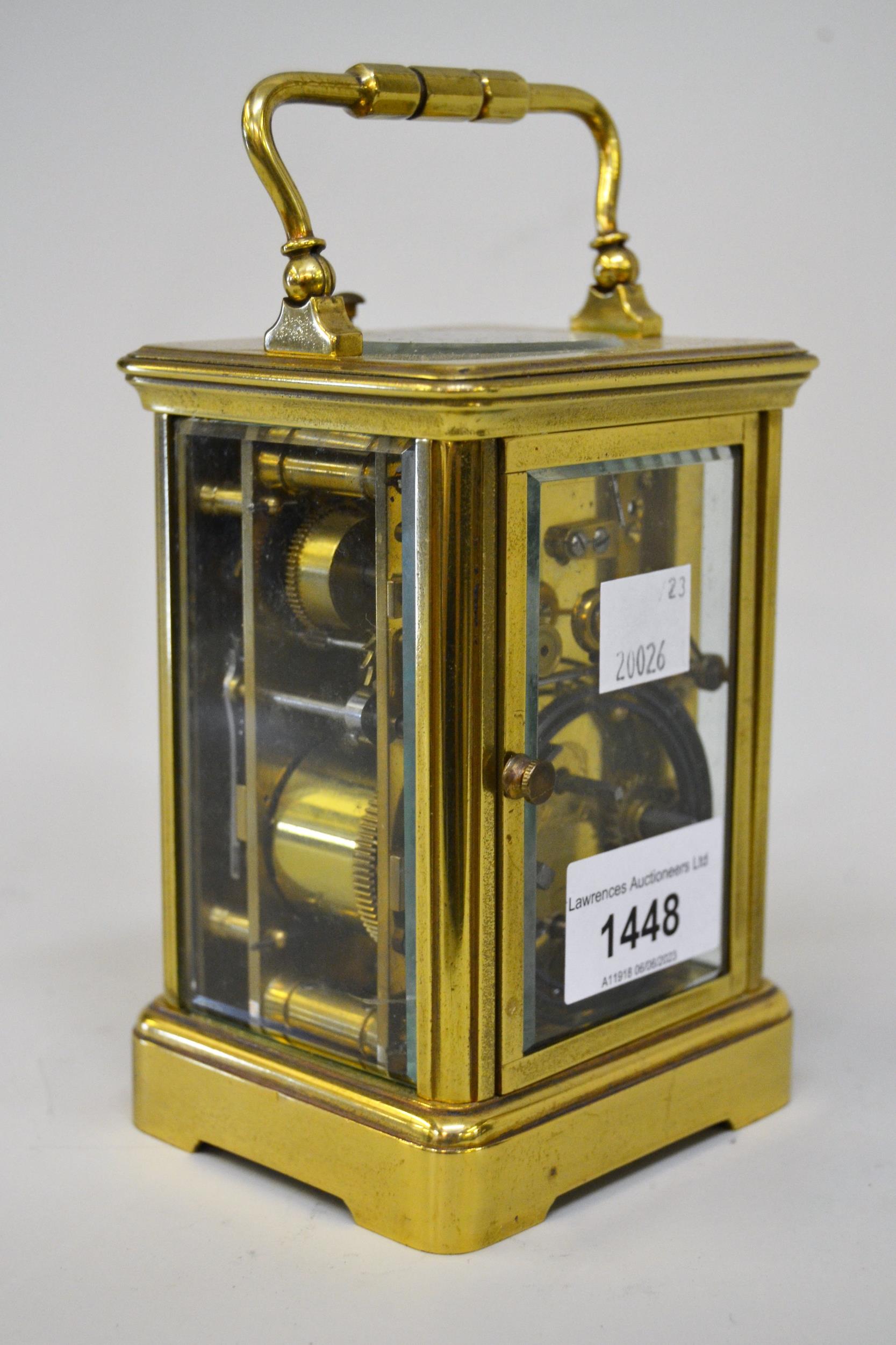 Early 20th Century brass cased carriage clock, the enamel dial with Roman numerals and subsidiary - Image 2 of 2