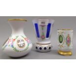Three modern glass white overlay gilt and floral decorated Bohemian type glass vases