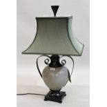 Modern porcelain and metal mounted table lamp, in the form of an urn with green silk shade (at