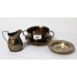 Early 20th Century two handled silver porringer and stand, a miniature silver Armada dish and a