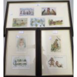 Group of nine Louis Wain coloured postcards, including Raphael Tuck, housed in three frames