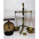 Pair of brass balance scales with pans and one weight, together with a pair of Salter postal scales