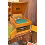 HMV oak cased table top wind-up gramophone