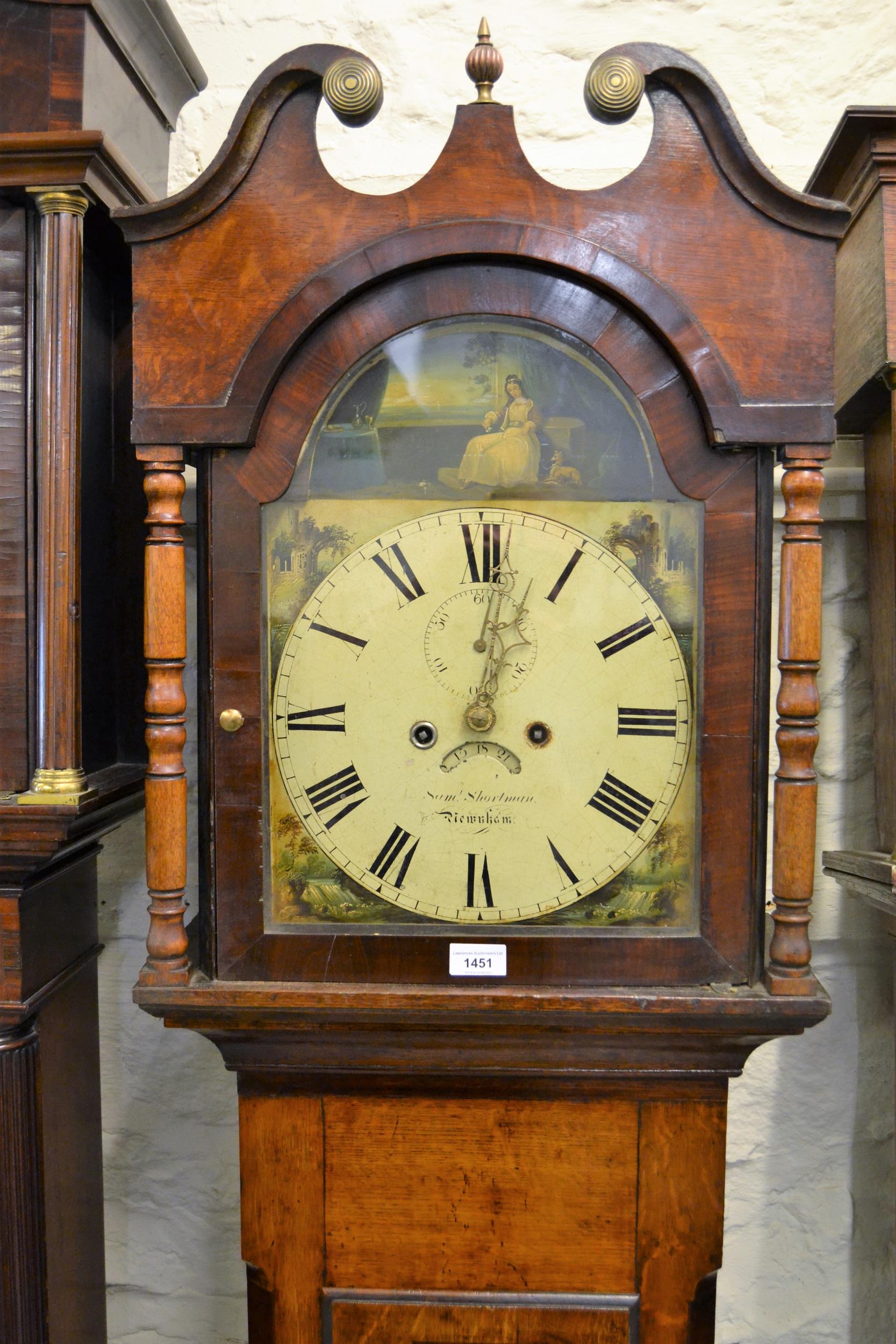 19th Century mahogany and oak longcase clock, the broken arch hood with a painted dial, Roman