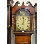 19th Century mahogany and oak longcase clock, the broken arch hood with a painted dial, Roman