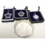 Two silver and enamel, London Academy of Music medals in boxes, another bronze music medal in box