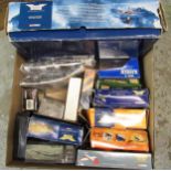 Box containing a quantity of various metal diecast model aeroplanes, including Corgi Aviation