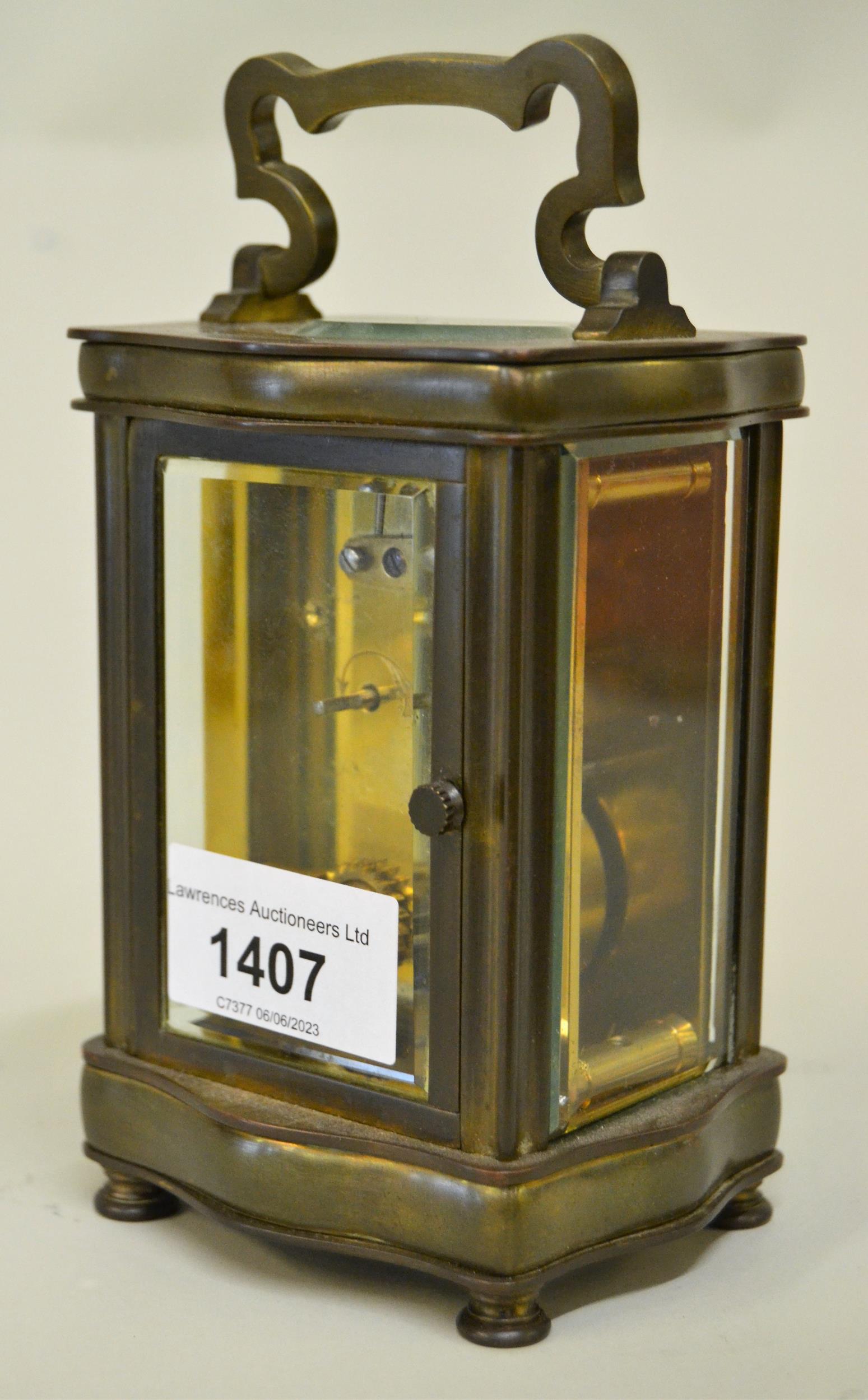 Small brass cased carriage clock, the enamel dial with Roman numerals, signed Campbell & Lumby, - Image 2 of 2