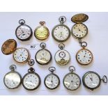 Twelve various metal cased pocket watches, including Omega, a gold plated hunter pocket watch, and a