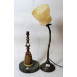 Early 20th Century brass adjustable desk lamp, with yellow glass shade, together with another onyx