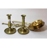 Brass chestnut roaster, together with a French brass skillet and a pair of 19th Century brass