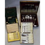 Small cased canteen of cutlery, part set of silver handled tea knives, cased set of six plated