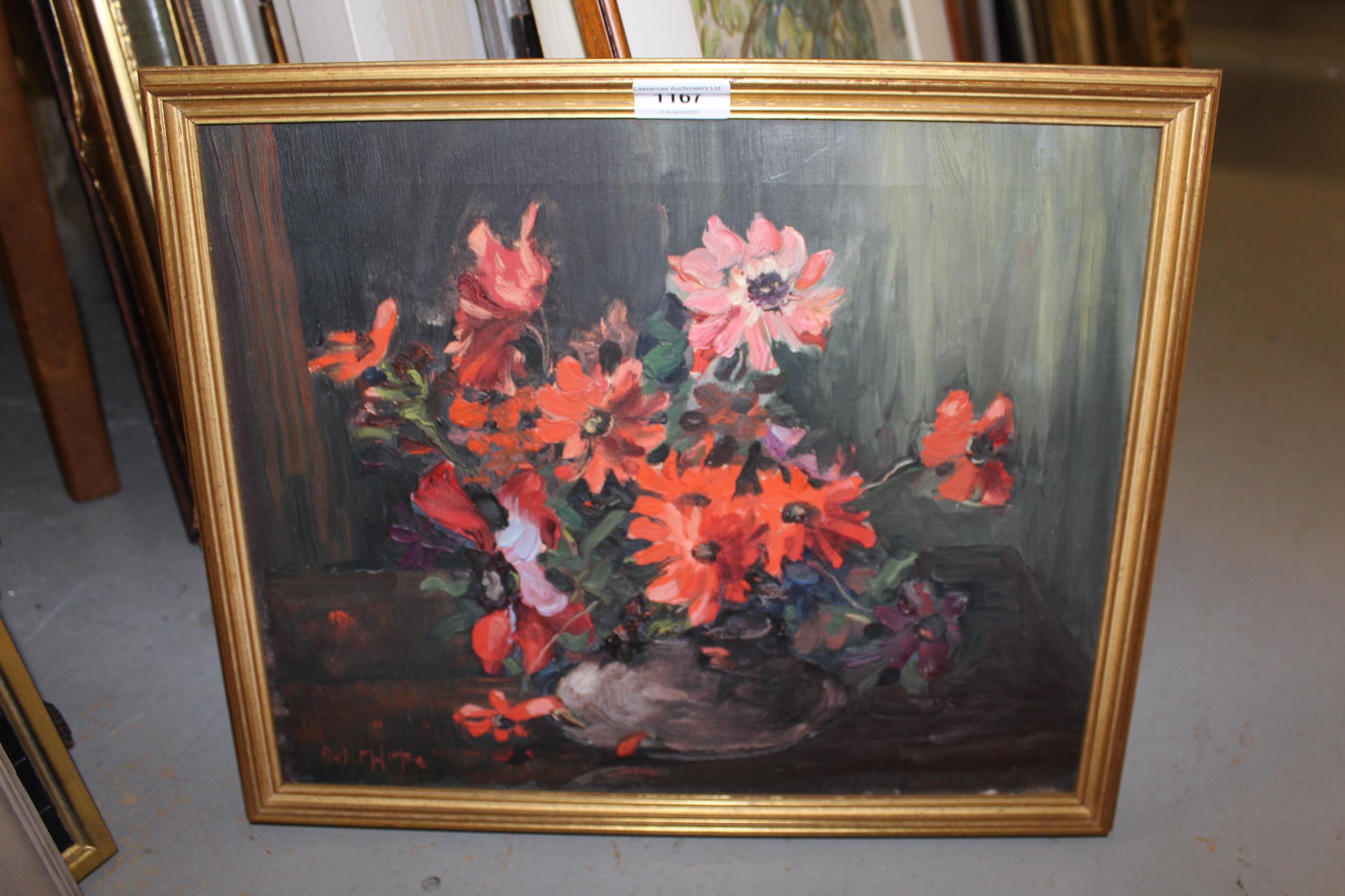 Robert Hope, signed oil on canvas, red daisies in a bowl, 32cms x 40cms