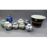 Collection of eight various Chinese porcelain ginger jars and a large Chinese jardiniere All in good