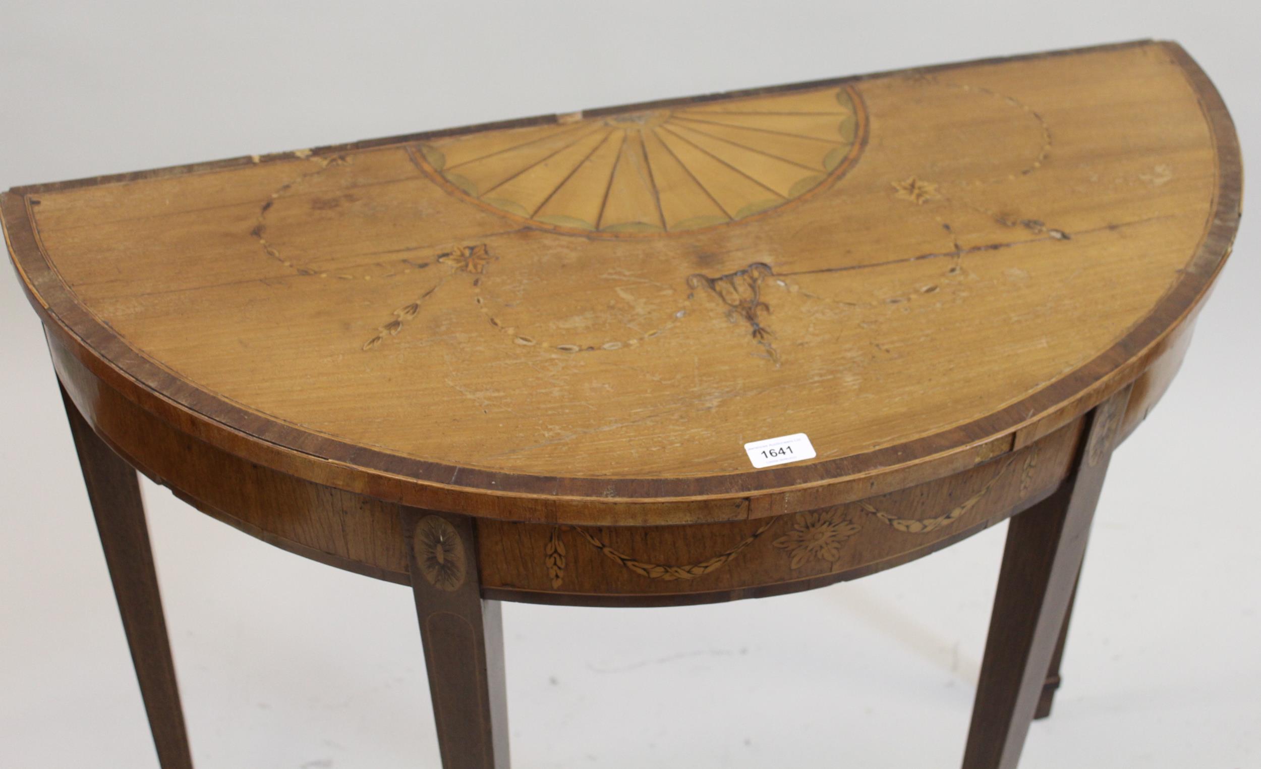 George III satinwood marquetry and line inlaid demi-lune side table, 94cms wide (for restoration) - Image 2 of 2