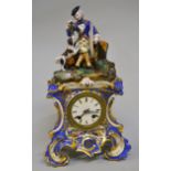 19th Century French porcelain mantel clock in Jacob Petit style, the rococo case surmounted by a
