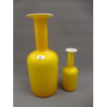 Two Holmegaard Gul vases in yellow, 17ins and 10ins high Both in good condition