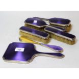 London silver mounted, mauve enamel decorated six piece dressing table set scratches and some