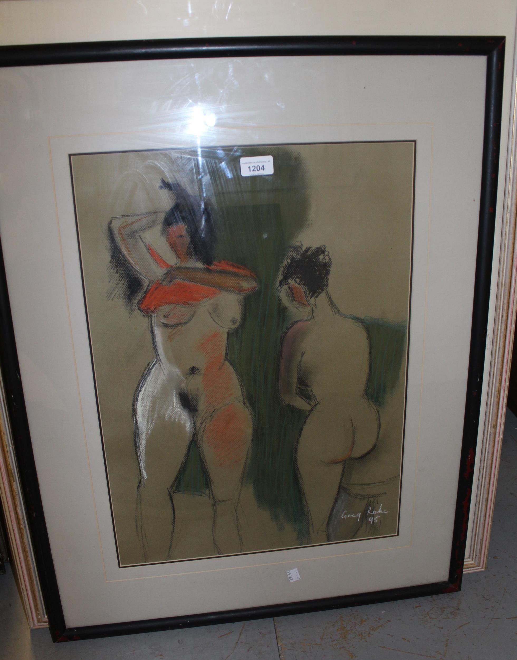 Late 20th Century pastel study of two semi nude females, signed Greg Roke, dated '95, 55cms x 40cms,