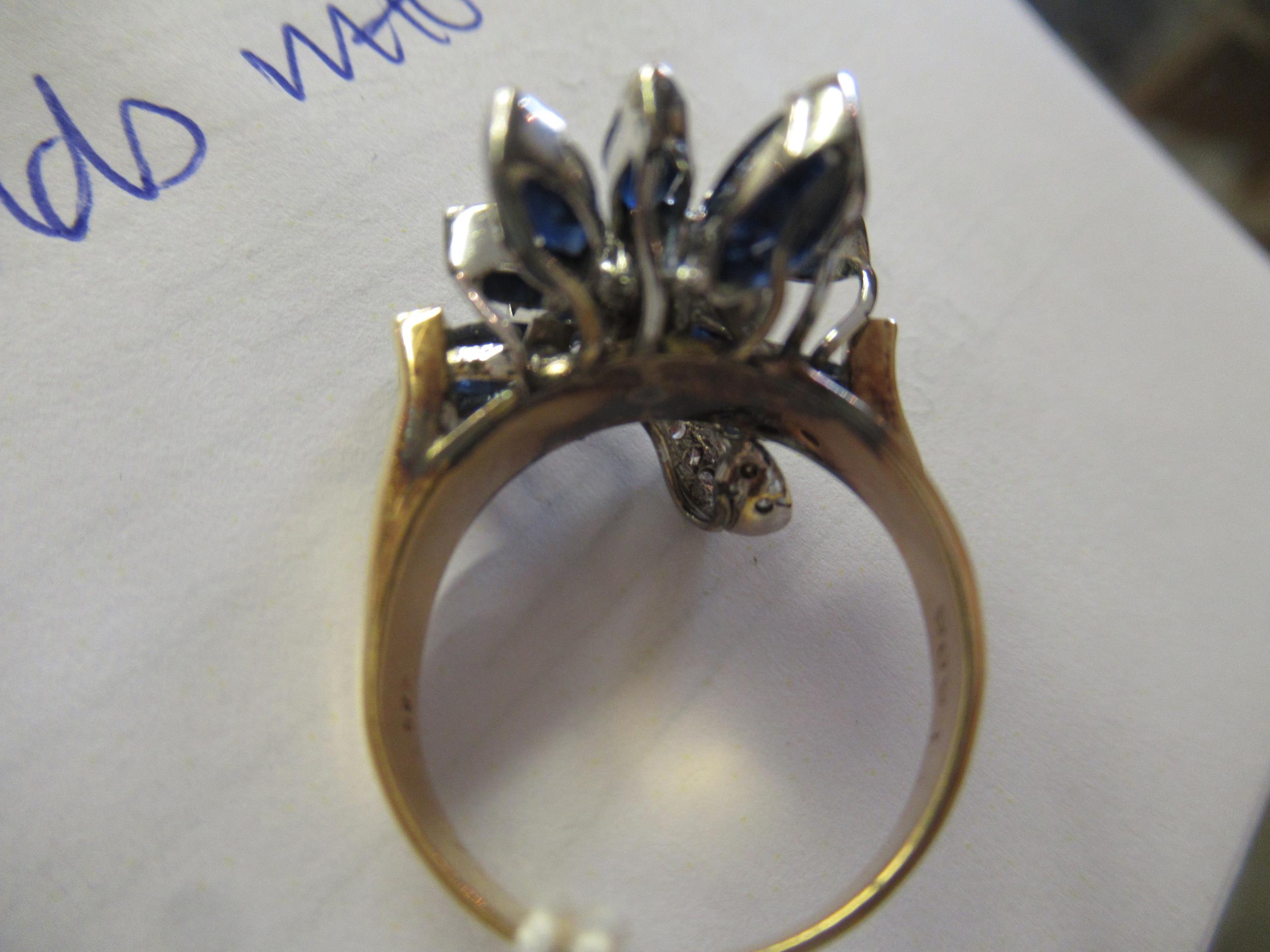 Mid to late 20th Century 14ct gold sapphire and diamond ring of contemporary floral design, 7.5g - Image 6 of 6