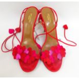 Aquazzura, red suede sandals decorated with red and pink hearts, with tie fastening, size 40.5