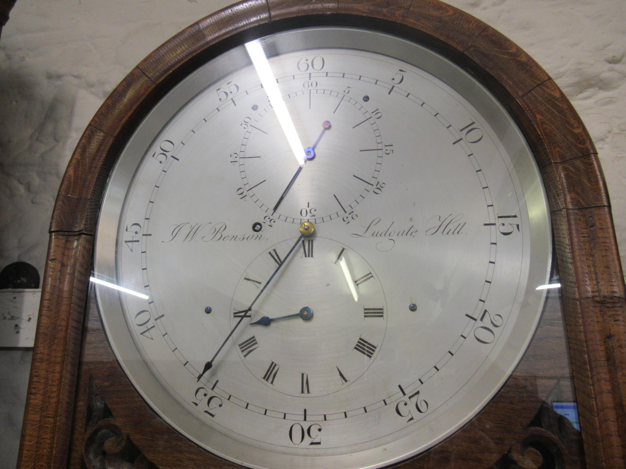 Fine oak regulator wall clock by J.W. Benson, Ludgate Hill, the circular silvered dial with Arabic - Image 10 of 20