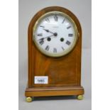 Edwardian mahogany with boxwood line inlaid mantel clock, the circular enamel dial with Roman