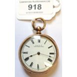 American 10ct gold cased key wind fob watch, by A.W.W. Company, Waltham The balance swings but the
