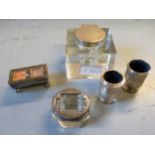 Silver double stamp box, glass and silver mounted letter sealer, an inkwell and a pair of