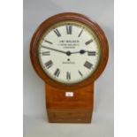 19th Century Anglo Indian teak and line inlaid drop-dial wall clock, the painted dial with Roman