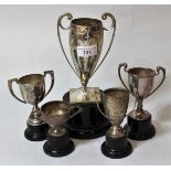 London silver two handled trophy cup, together with two small silver trophy cups, 8oz t, and two