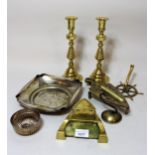 Brass and onyx mounted inkstand, pair of candlesticks, two plated items etc.