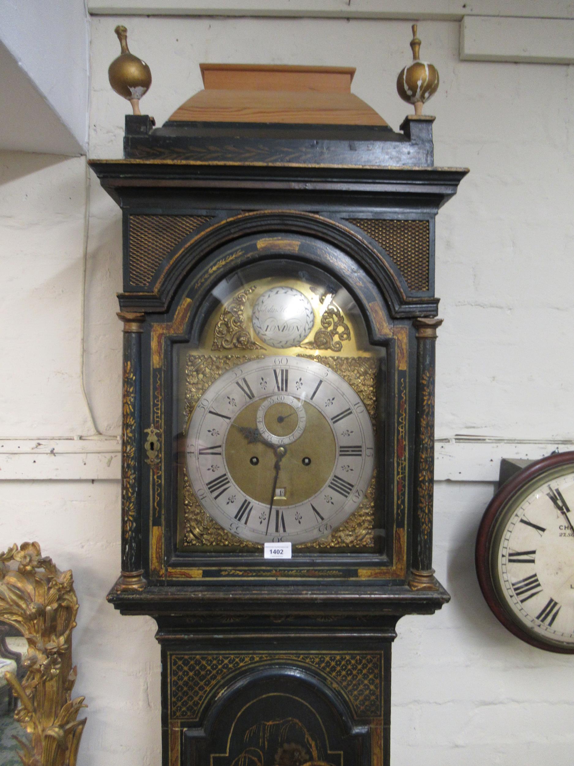 John Hewkley, 18th Century chinoiserie longcase clock, the pagoda top hood enclosing a brass dial - Image 3 of 8