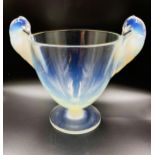 Lalique Ornis opalescent glass two handled pedestal vase, the side handles in the form of birds,